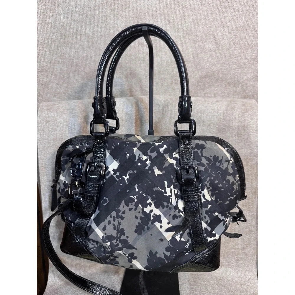Burberry Floral Beat Check Foley Satchel Bag Patent Leather Crossbody Y2K